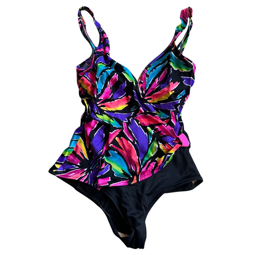 Vintage 1990s Catalina Black and Neon V-Neck One Piece Swimsuit size 14